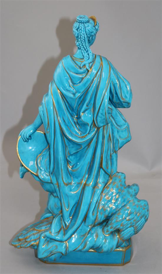 A Sevres style turquoise glazed and gilt decorated group of the Queen cherub, 42cm